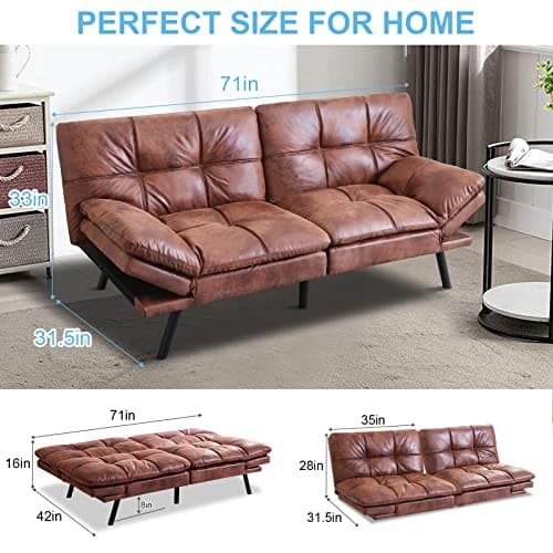 Memory Foam Sofa Bed with Removable Armrests, Brown Leather Futon for Compact Living Spaces