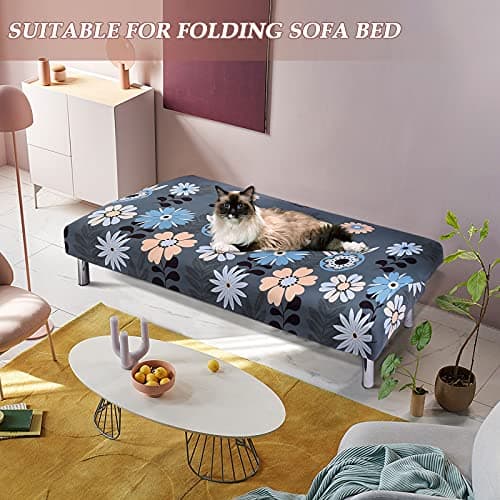 Armless Futon Slipcovers Stretch Sofa Bed Cover with Elastic Bottom, Printed Fitted Couch Cover for Pets, Kids