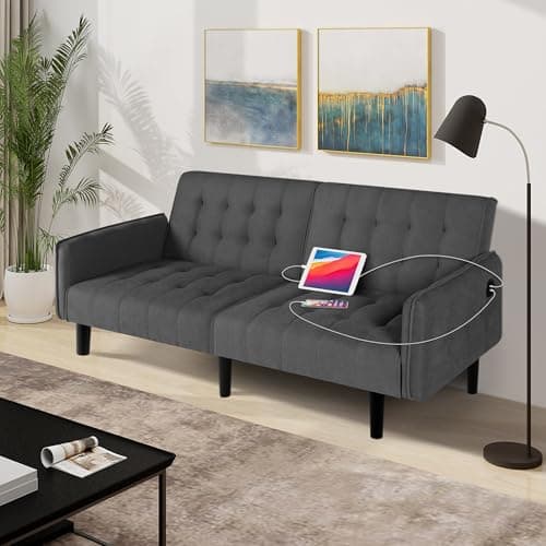 TYBOATLE Dark Grey Convertible Futon Sofa Bed with USB, Loveseat for Living Room & Bedroom