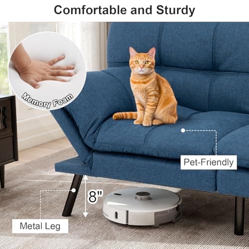 MUUEGM Blue Convertible Memory Foam Sofa Bed with Adjustable Backrest for Living Room