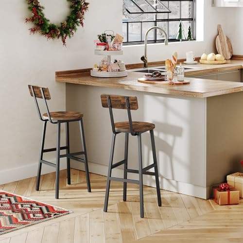 Rustic Brown Bar Stools, Set of 2 with Footrest, 24.4" Backed Bar Chairs
