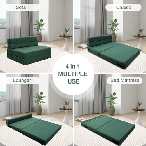 ANONER Queen Size Fold Out Couch Bed with Memory Foam, 2 Pillows, Dark Green