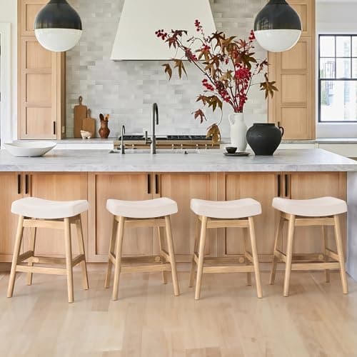 Sturdy Wood Leg Bar Stools, Beige Fabric, Set of 2, 24" Counter Height