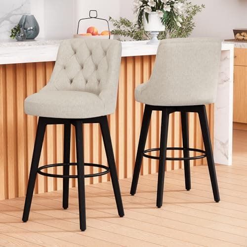 30 Swivel Bar Stools Set of 2 with Back and Solid Wood Legs, Navy Fabric
