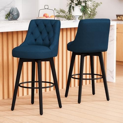 30 Swivel Bar Stools Set of 2 with Back and Solid Wood Legs, Navy Fabric