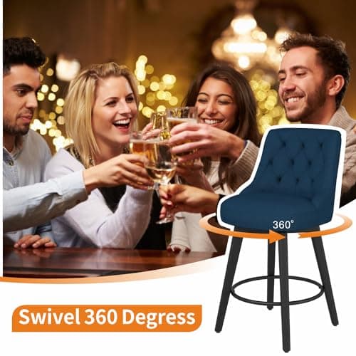 Thickened Upholstered Counter Stools Set of 2 with Swivel, Backs and Solid Wood Legs for Bar, Kitchen Island, Dining Room in Navy Blue