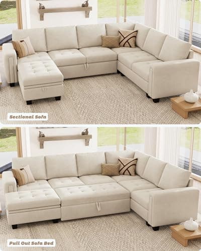 Belffin Beige Modular Sectional Sleeper Sofa with Storage Ottomans