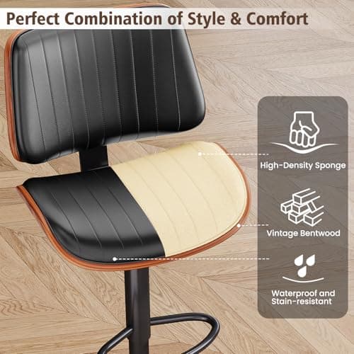 Bentwood Back Bar Stools for Kitchen Island, Set of 2, Black Swivel Seat