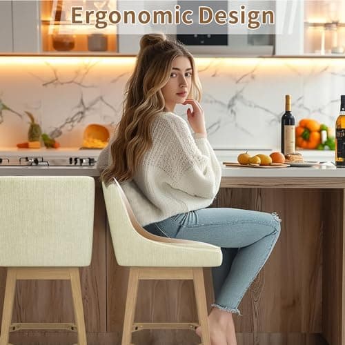 Modern Upholstered Fabric Barstools, Set of 2 - Ivory White