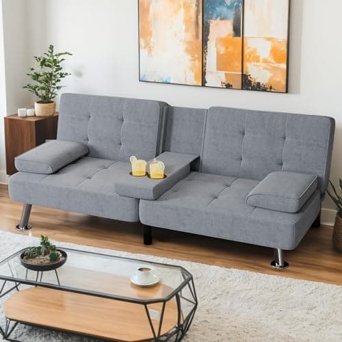 Shahoo Dark Grey Linen Convertible Futon Sofa Bed with Removable Arms