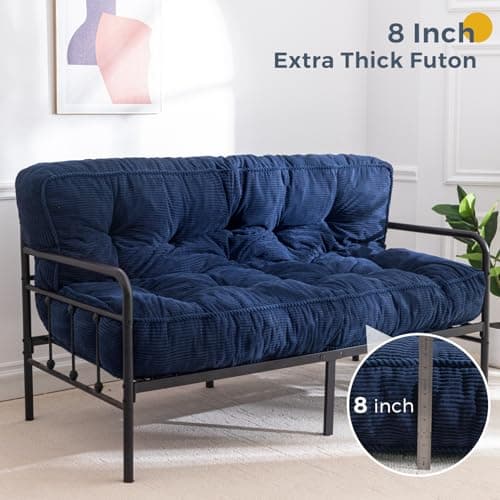 MAXYOYO Queen Size Ultra Thick Futon Mattress Sofa Bed, Shredded Foam Filling, Corded Fabric, Navy