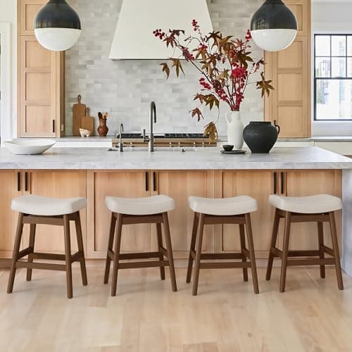 3-Piece Sturdy Wood Leg Bar Stools, Antique White Leather, 24 Inch Farmhouse Style