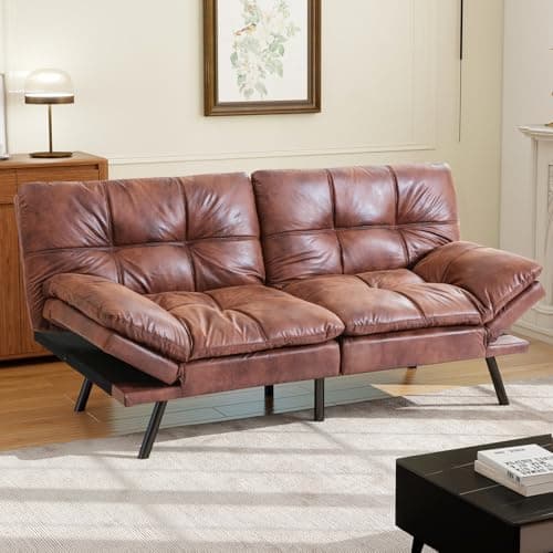 MUUEGM Cognac Memory Foam Futon Sofa Bed for Small Space and Office Use with Adjustable Backrest and Removable Armrests