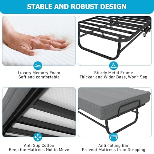 SADENICEL Portable Foldable Bed with Memory Foam Mattress on Wheels