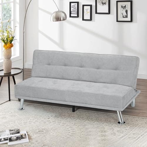 Athena Collection 5 Position Reclining Futon Sofa Bed, Grey Linen Fabric