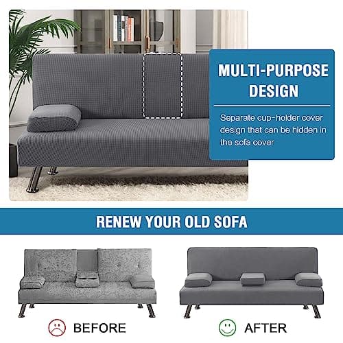 Stretch Futon Sofa Bed Slipcover with Removable Armrests and Cupholders - Grey