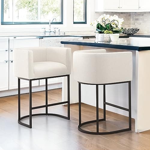 LUE BONA Black Metal Counter Stools with Backrest, Set of 2, Linen Upholstery, Beige Accent