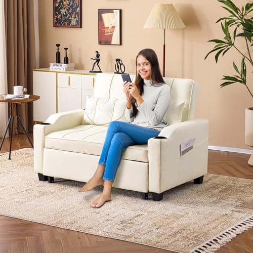 VINGLI Beige Faux Leather Pullout Sofa Bed with USB Ports