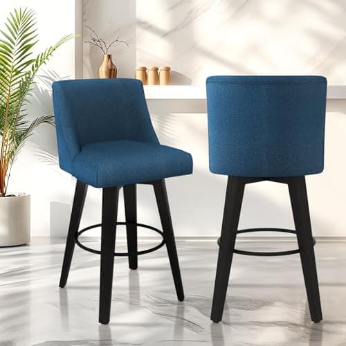 Counter Height Bar Stools Set of 2 with Swivel and Back, Fabric Upholstered Navy Blue