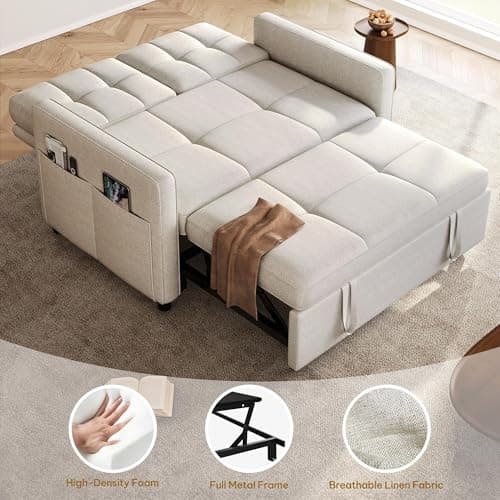 YITAHOME 55" 3-in-1 Convertible Sofa Bed, Beige Reclining Futon with Side Pocket