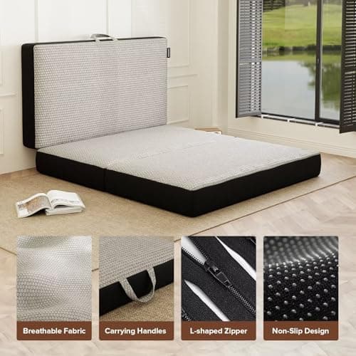 Portable Memory Foam Mattress - Single, 4 Inch Foldable, Washable Cover, Handle, Non-Slip Bottom, RV, Travel, Camping, Y