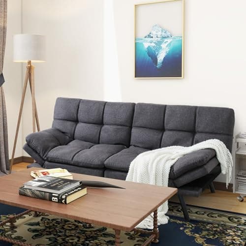 Convertible Memory Foam Futon Couch Bed, Adjustable Backrests Armrests Sleeper Sofa, Modern Love Seat Daybed for Living Room, Small Space, Office, 71, Linen Grey