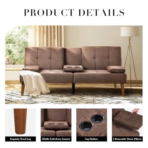 COLAMY Small Futon Sofa Bed with Removable Armrest & Adjustable Backrest