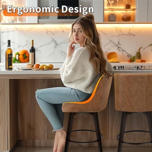 Modern Swivel Bar Stools Set of 2 with High Backrest, Faux Leather for Bar, Kitchen - Sienna Brown