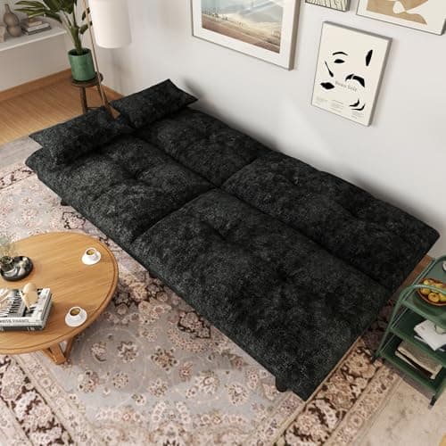 70 Inch Solid Wood Futon Sofa Bed in Black Chenille Fabric