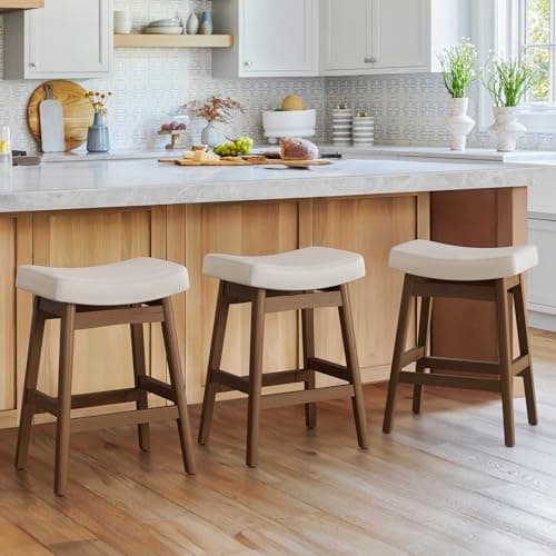 3-Piece Sturdy Wood Leg Bar Stools, Antique White Leather, 24 Inch Farmhouse Style