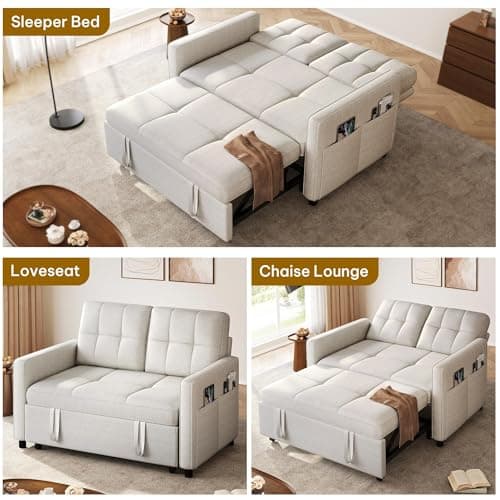 YITAHOME 55" 3-in-1 Convertible Sofa Bed, Beige Reclining Futon with Side Pocket