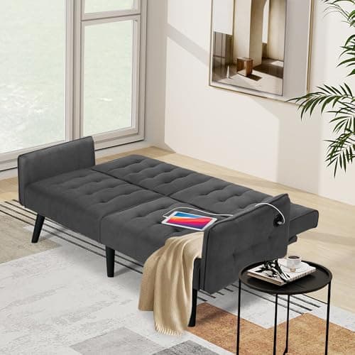 TYBOATLE Dark Grey Convertible Futon Sofa Bed with USB, Loveseat for Living Room & Bedroom