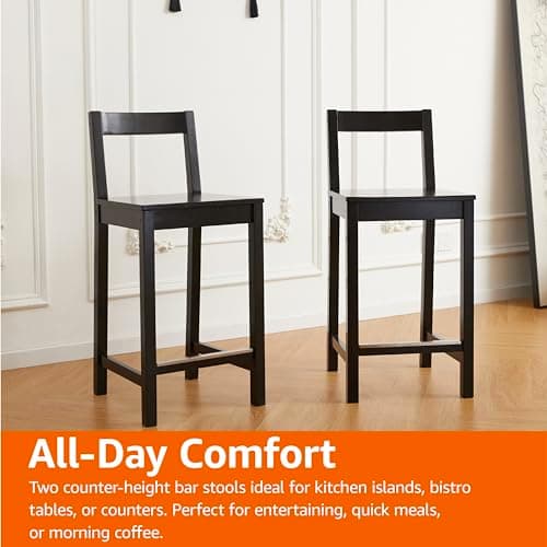 Amazon Basics Black Wooden Bar Stool with Backrest, 24", Set of 2