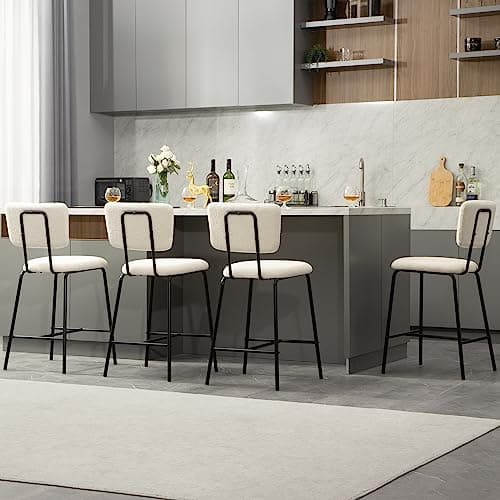Modern White Boucle Bar Stool Set - 4 Pack Kitchen Island Chairs