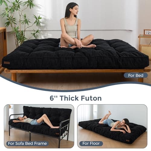 MAXYOYO Full Size Tufted Futon Mattress, Extra Thick Shredded Foam, Black