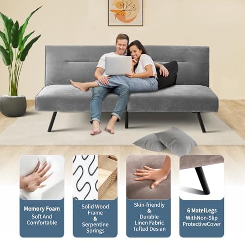 MUUEGM Futon Couch Bed, Convertible Memory Foam Sofa Bed, Modern Adjustable Backrests Velvet Couch Sleeper Sofa Bed