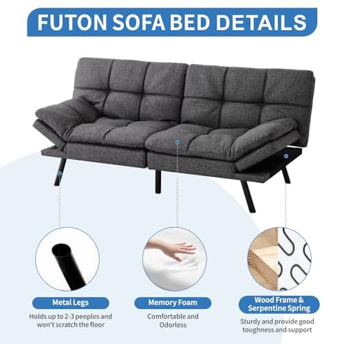 Convertible Memory Foam Futon Sofa Bed with Adjustable Backrest and Armrests, Dark Grey