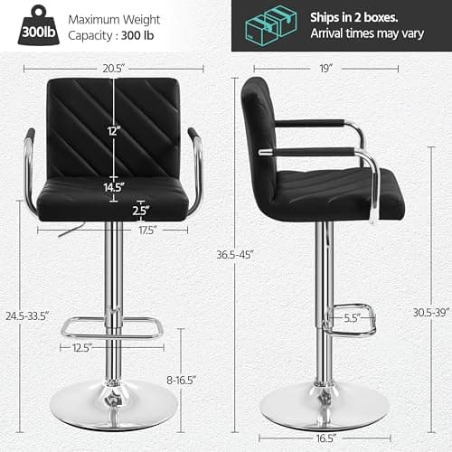 Yaheetech Adjustable Bar Stool Set of 2, Black with Backrest for Kitchen and Living Room