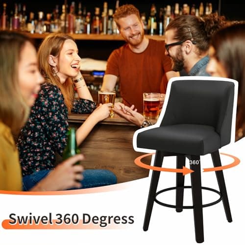 Black Swivel Bar Stool with Back, Set of 1, 26In Height, Faux Leather & Wood Stand