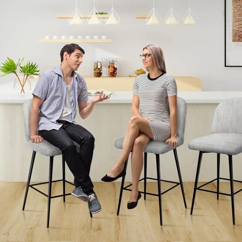 Modern 360° Swivel Bar Stools Set of 3, High Back Linen Fabric Counter Height Chairs