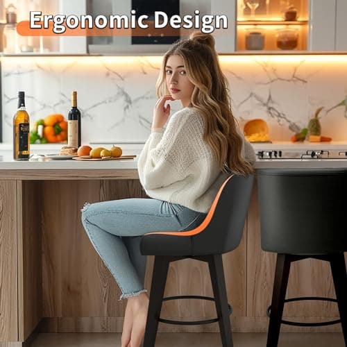 Black Swivel Bar Stool with Back, Set of 1, 26In Height, Faux Leather & Wood Stand