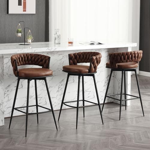 BFZ 26inch Modern Swivel Bar Stool Set, Suede Woven Back Footrest, Kitchen Island Furniture