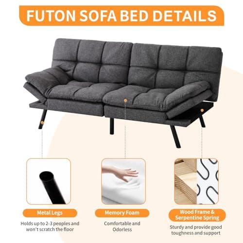 Memory Foam Futon Sofa Bed for Compact Spaces, Office, Apartment - Dark Gray Fabric
