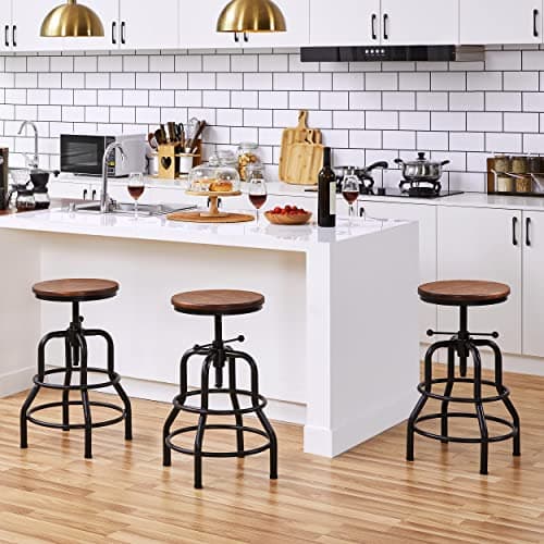Yaheetech Vintage Rustic Round Wood Seat Bar Stool, Brown 20-27 Inch