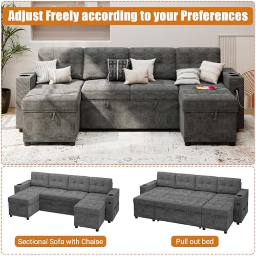 GAOMON Dark Gray 112" U-Shaped Sleeper Sofa with Storage Chaise & Charging Ports