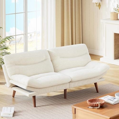 Marsail Corduroy Futon Sofa Bed, Adjustable Backrest, White