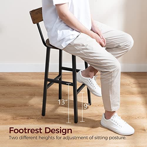 Rustic Brown Bar Stools, Set of 2 with Footrest, 24.4" Backed Bar Chairs