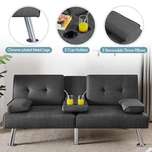 Yaheetech Dark Gray Reversible Couch Bed with Removable Armrests & Cup Holders