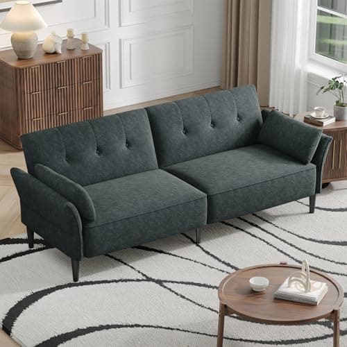 89" Velvet Fabric Comfy Futon Couch Bed with Adjustable Backrest & Armrests for Living Room Sleepers