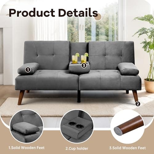 Walsunny Velvet Futon Sofa Bed with Cup Holder and Adjustable Backrest